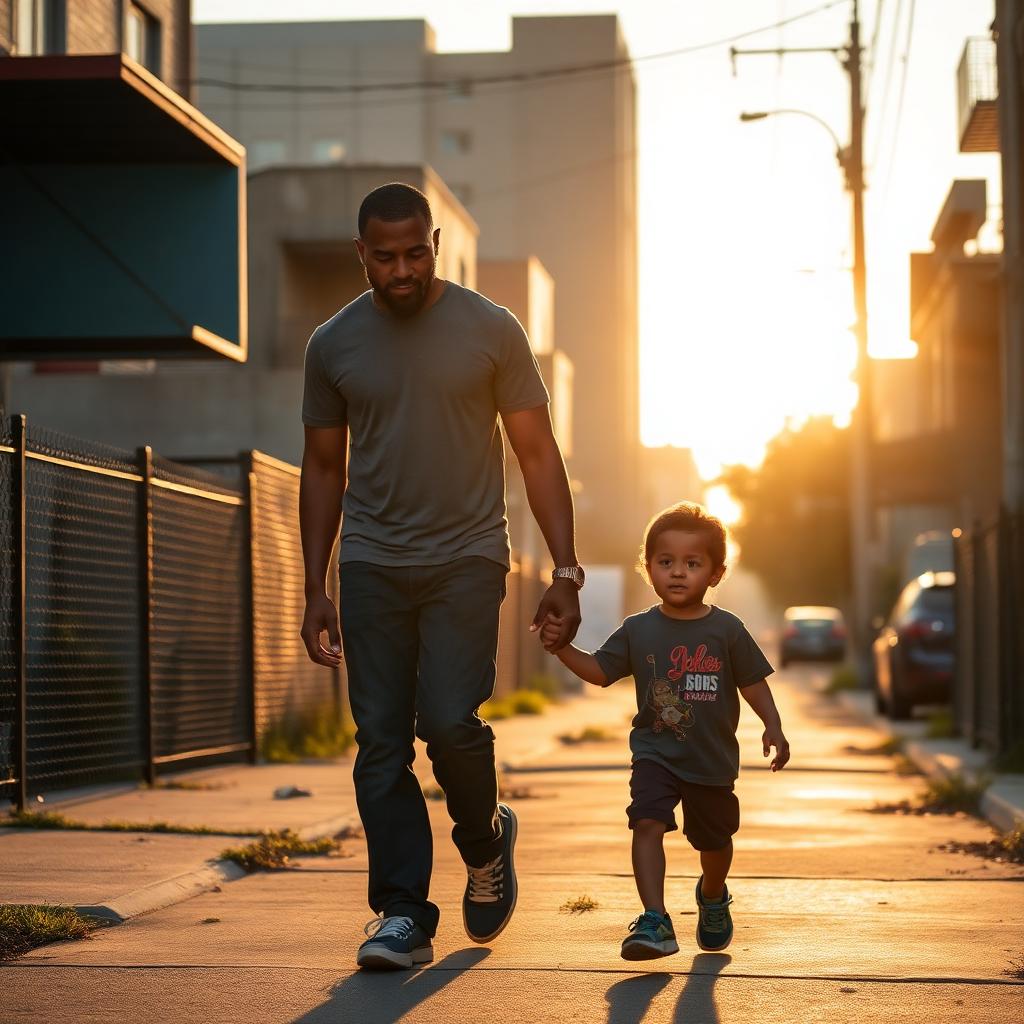 A father walking with his sons in a park at golden hour